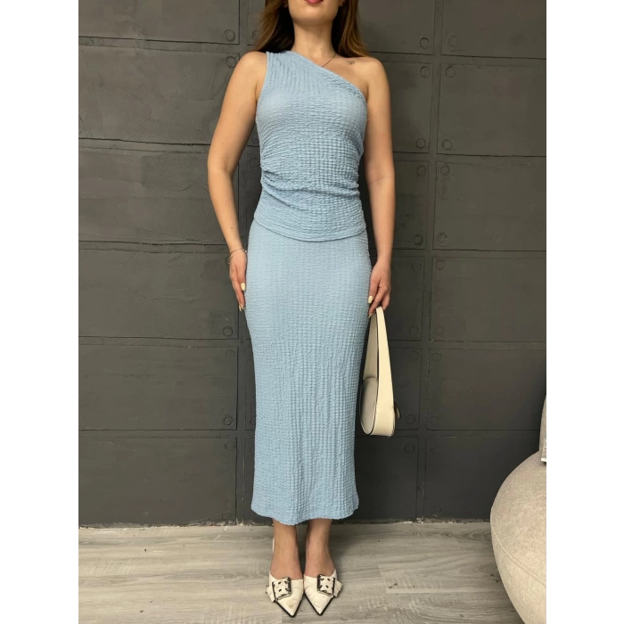 Tek Omuz Bürümcük Etekli Takım Bebe Mavisi