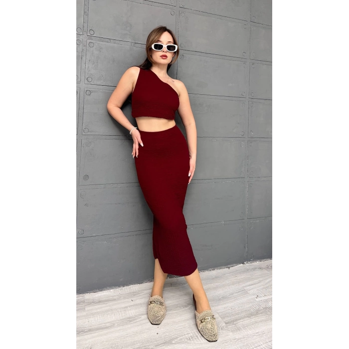 Tek Omuz Bürümcük Etekli Takım Bordo