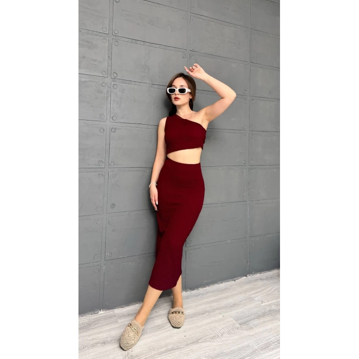 Tek Omuz Bürümcük Etekli Takım Bordo