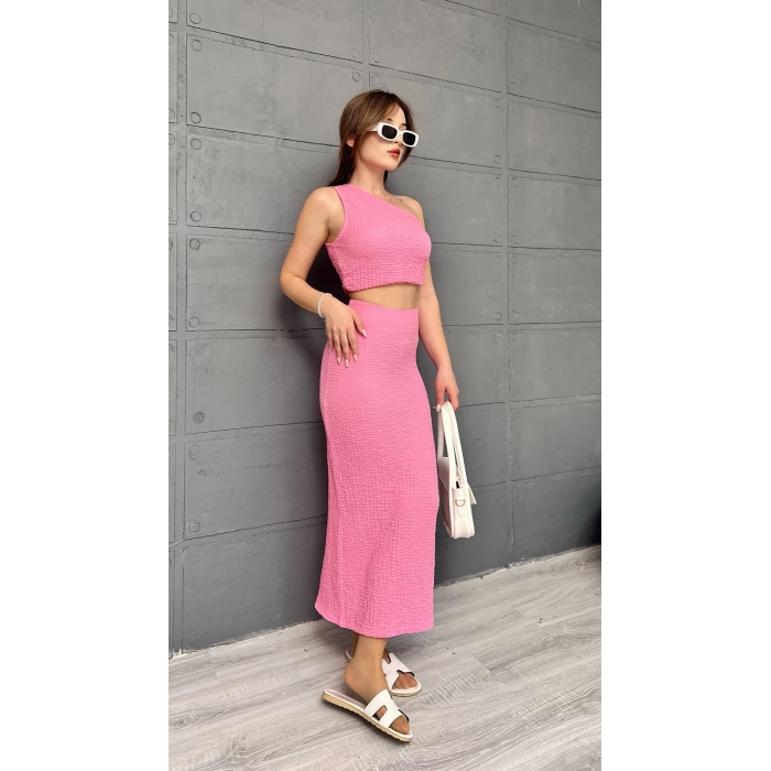 Tek Omuz Bürümcük Etekli Takım Pembe