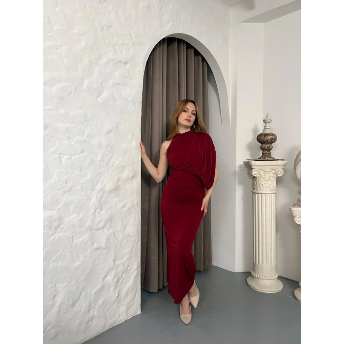 Tek Omuz Büzgü Detay Sırt Dekolte Elbise Bordo