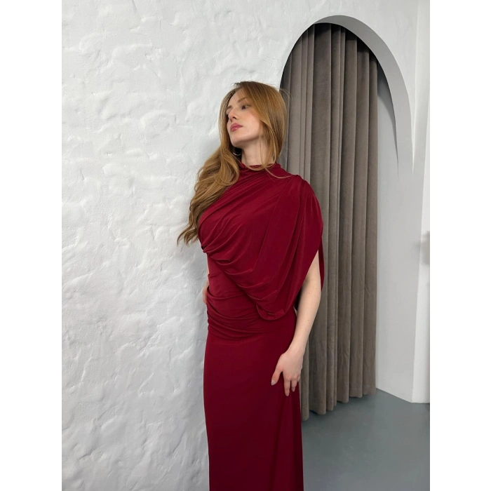 Tek Omuz Büzgü Detay Sırt Dekolte Elbise Bordo
