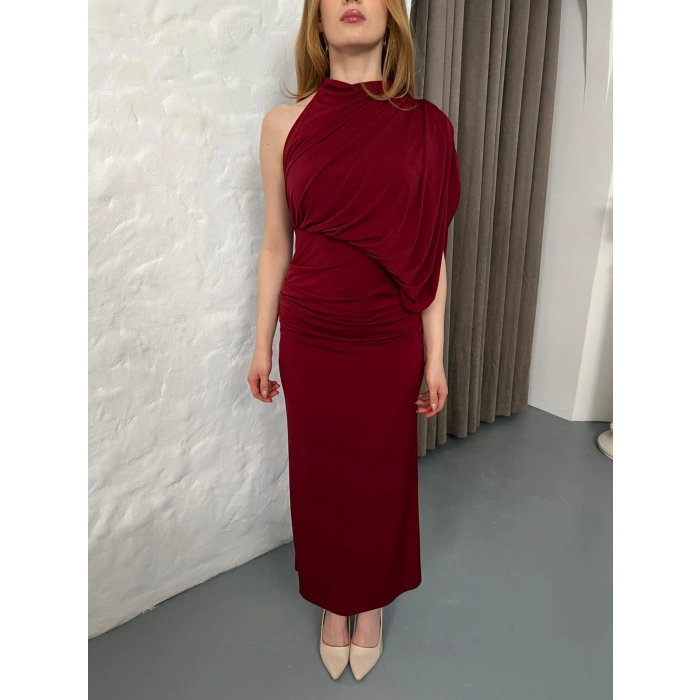 Tek Omuz Büzgü Detay Sırt Dekolte Elbise Bordo