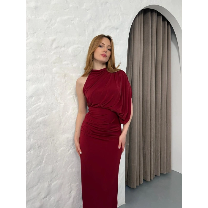 Tek Omuz Büzgü Detay Sırt Dekolte Elbise Bordo