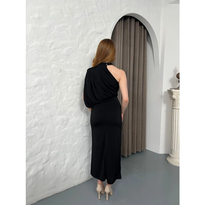 Tek Omuz Büzgü Detay Sırt Dekolte Elbise Siyah