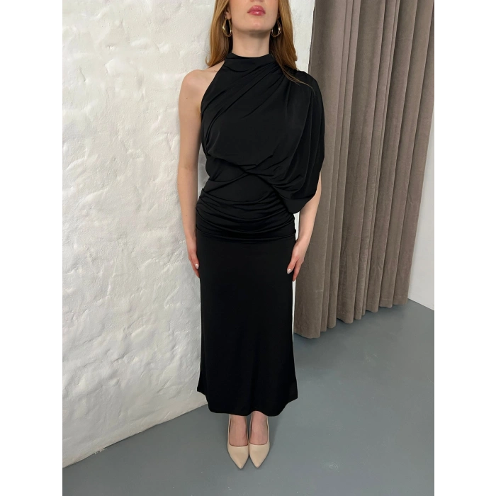 Tek Omuz Büzgü Detay Sırt Dekolte Elbise Siyah