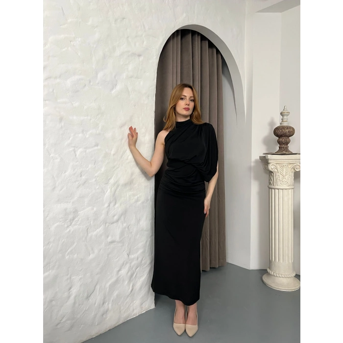 Tek Omuz Büzgü Detay Sırt Dekolte Elbise Siyah