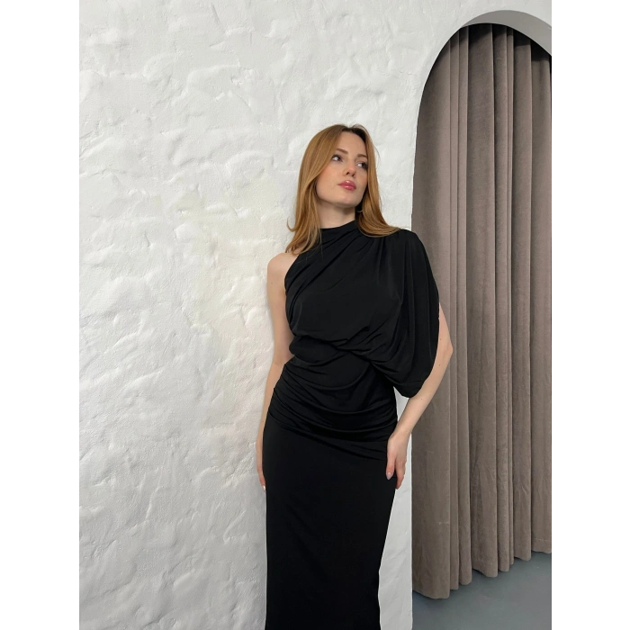 Tek Omuz Büzgü Detay Sırt Dekolte Elbise Siyah