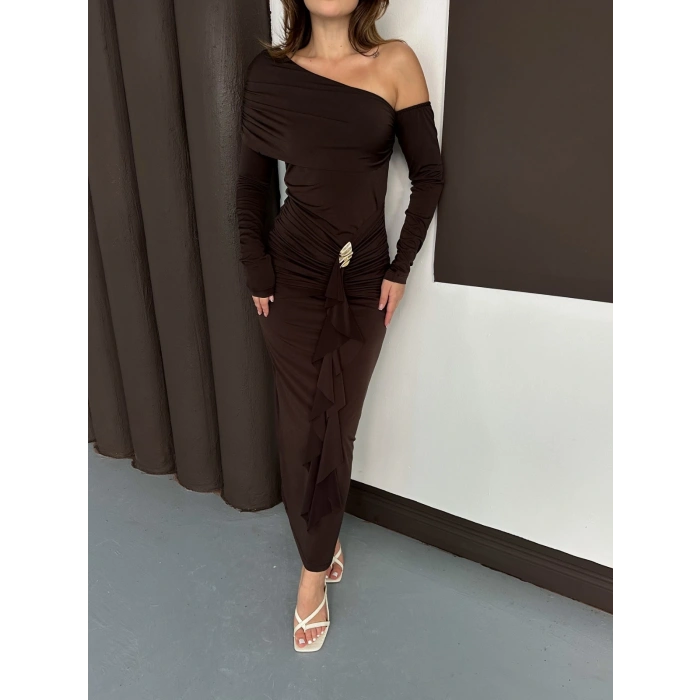 Tek Omuz Sandy Tasarım Elbise Acı Kahve