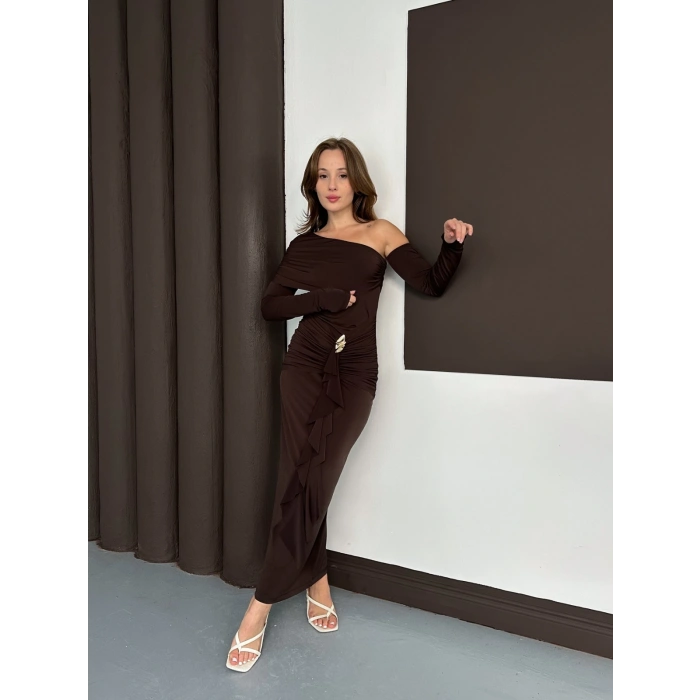 Tek Omuz Sandy Tasarım Elbise Acı Kahve