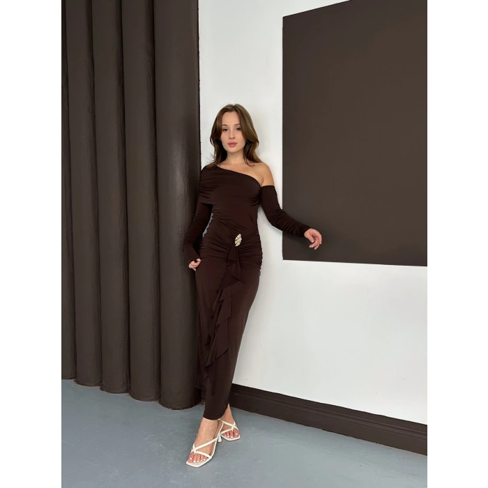 Tek Omuz Sandy Tasarım Elbise Acı Kahve