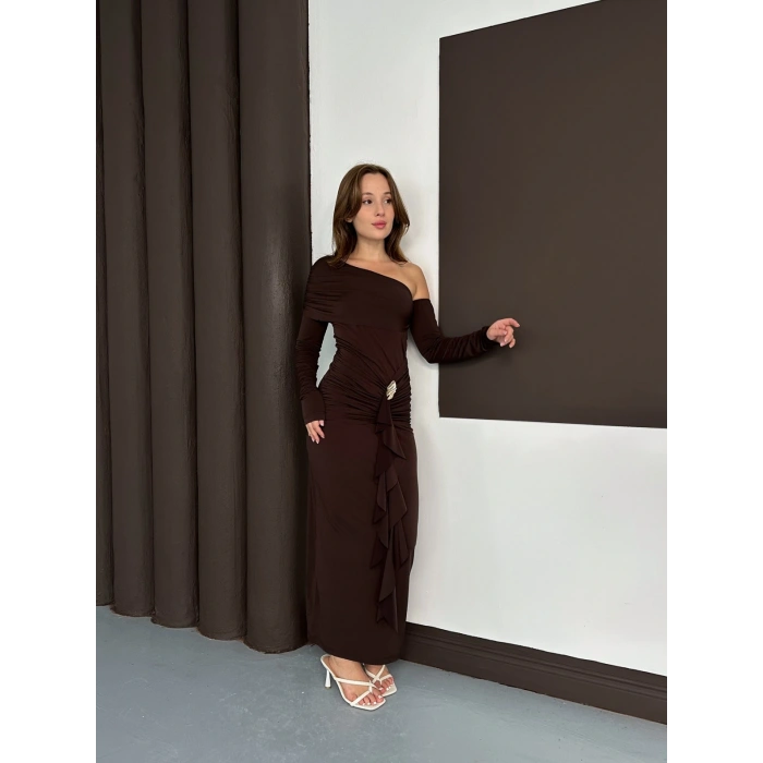 Tek Omuz Sandy Tasarım Elbise Acı Kahve