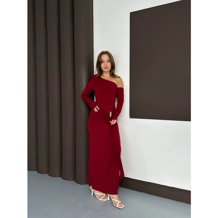 Tek Omuz Sandy Tasarım Elbise Bordo