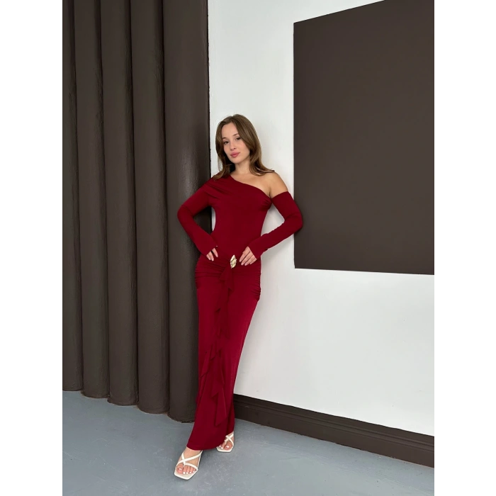 Tek Omuz Sandy Tasarım Elbise Bordo