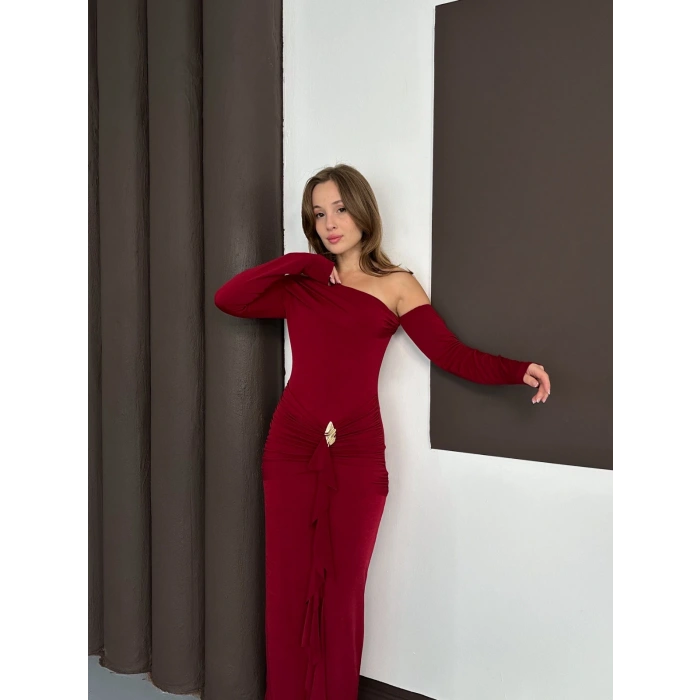 Tek Omuz Sandy Tasarım Elbise Bordo