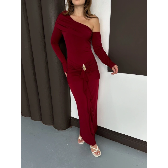 Tek Omuz Sandy Tasarım Elbise Bordo