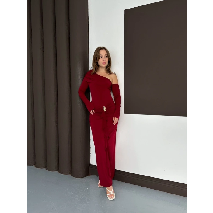 Tek Omuz Sandy Tasarım Elbise Bordo