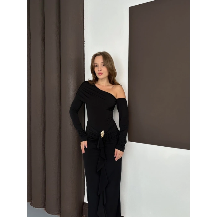 Tek Omuz Sandy Tasarım Elbise Siyah