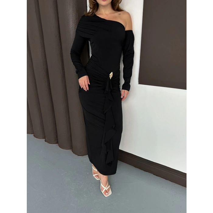 Tek Omuz Sandy Tasarım Elbise Siyah