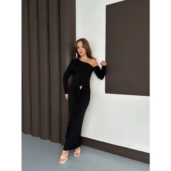 Tek Omuz Sandy Tasarım Elbise Siyah