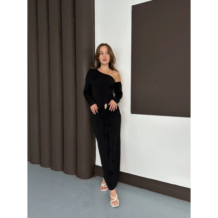 Tek Omuz Sandy Tasarım Elbise Siyah