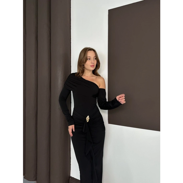 Tek Omuz Sandy Tasarım Elbise Siyah