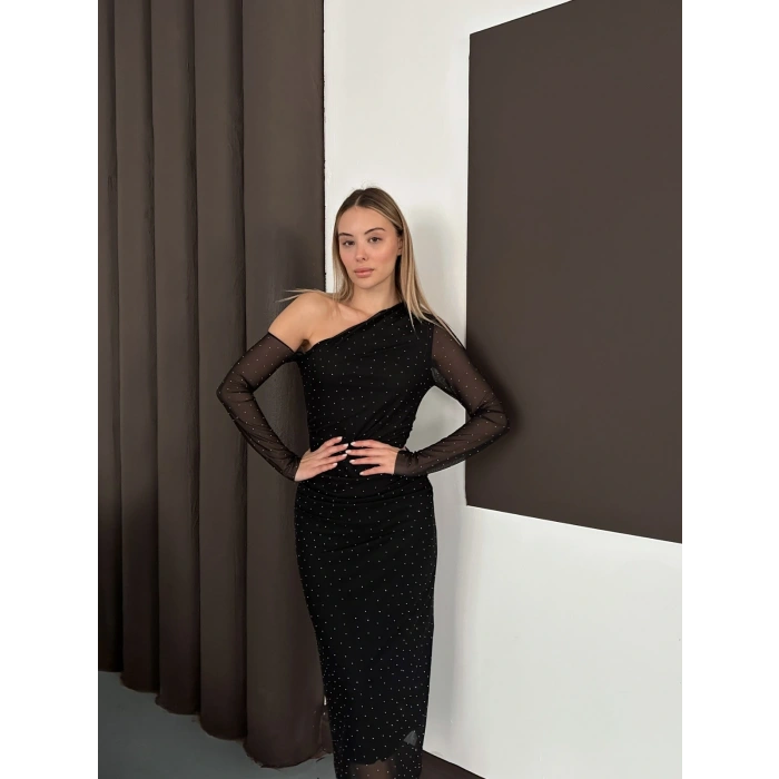 Tek Omuz Taş Detaylı Şifon Elbise Siyah