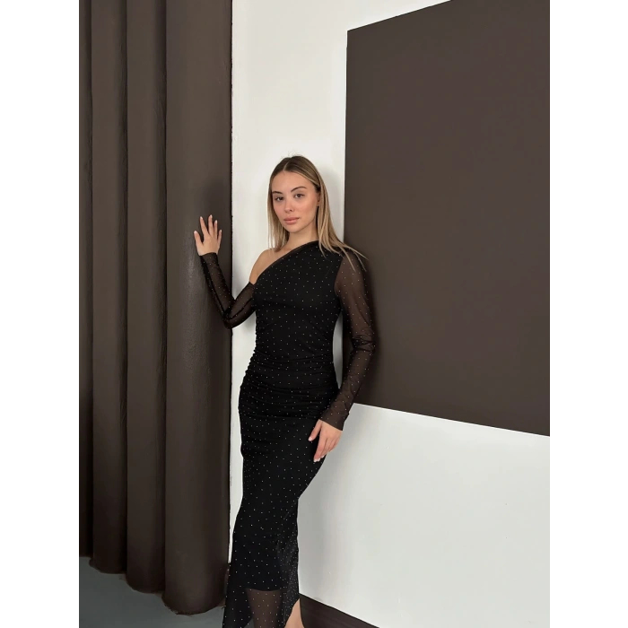 Tek Omuz Taş Detaylı Şifon Elbise Siyah