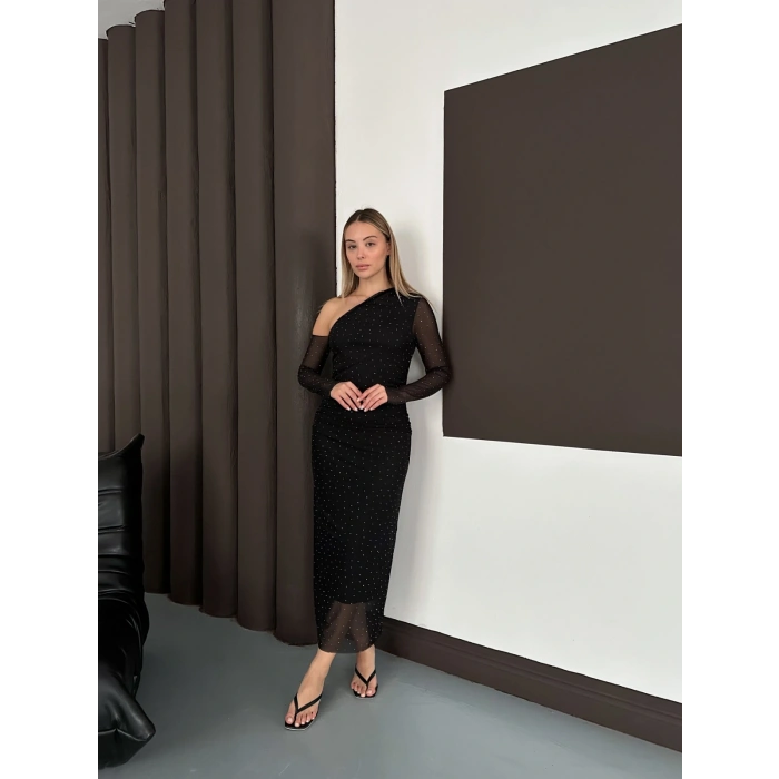 Tek Omuz Taş Detaylı Şifon Elbise Siyah