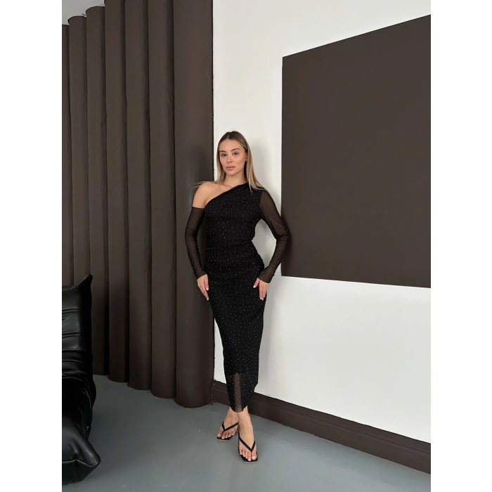 Tek Omuz Taş Detaylı Şifon Elbise Siyah