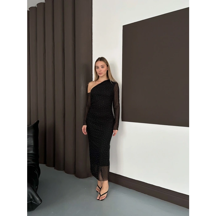 Tek Omuz Taş Detaylı Şifon Elbise Siyah