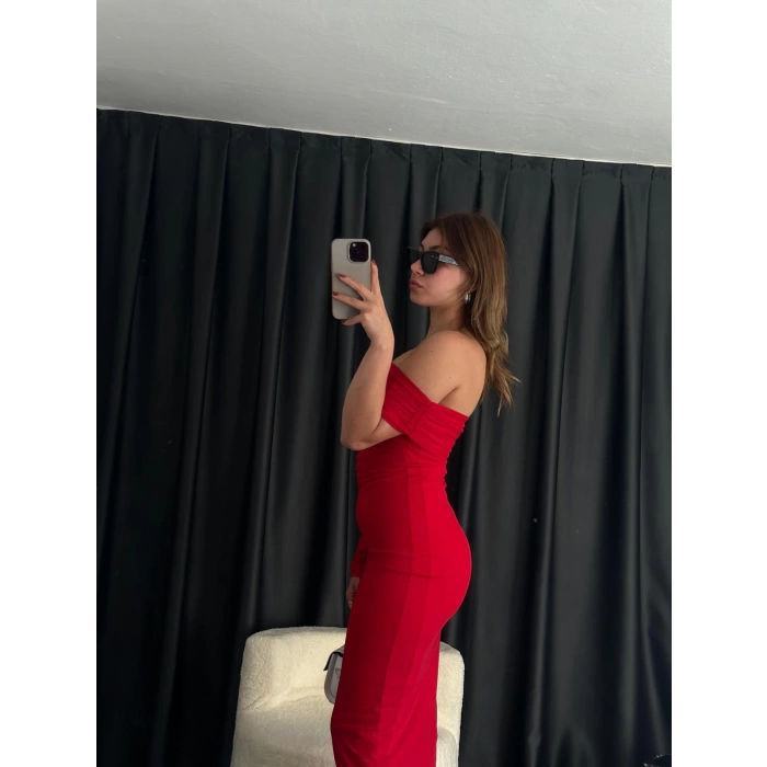 Tek Omuz Tül Elbise Kırmızı