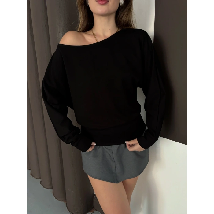Tek Omuz Yarasa Kol Bluz Siyah