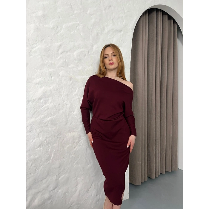 Tek Omuz Yarasa Kol Elbise Bordo