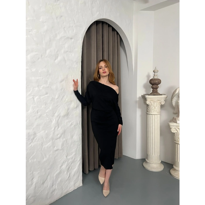 Tek Omuz Yarasa Kol Elbise Siyah