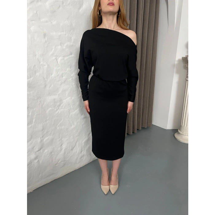 Tek Omuz Yarasa Kol Elbise Siyah