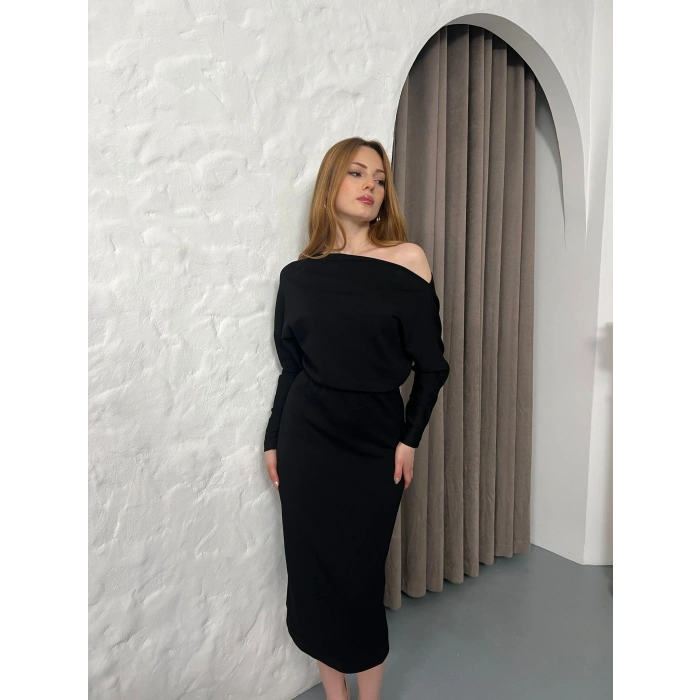 Tek Omuz Yarasa Kol Elbise Siyah