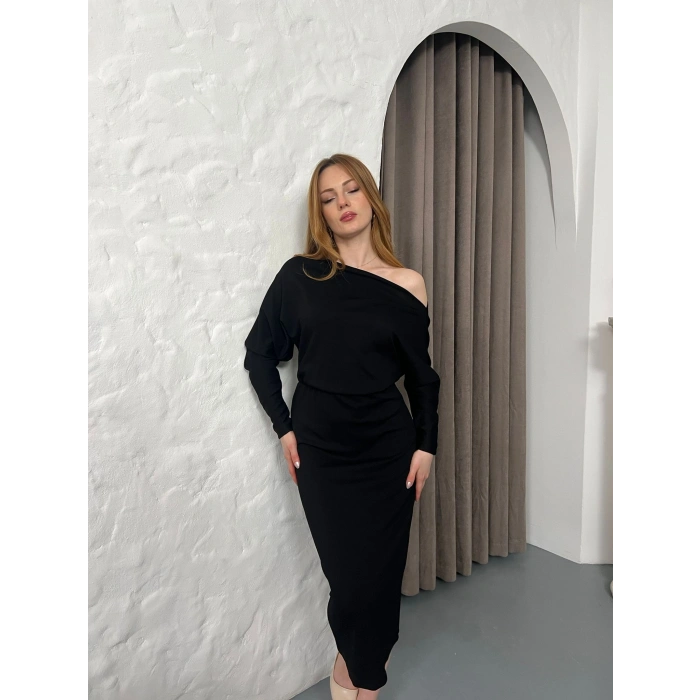 Tek Omuz Yarasa Kol Elbise Siyah