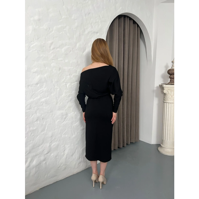 Tek Omuz Yarasa Kol Elbise Siyah