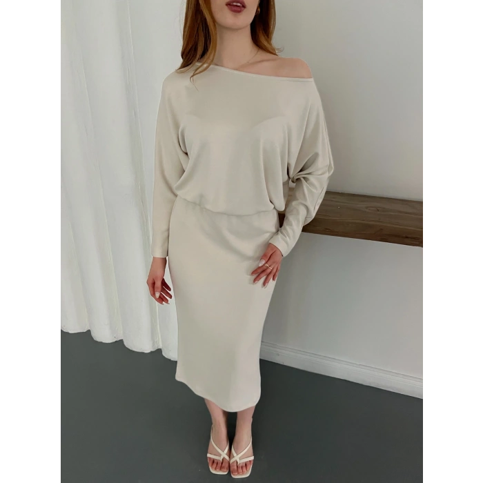 Tek Omuz Yarasa Kol Uzun Kol Elbise Bej