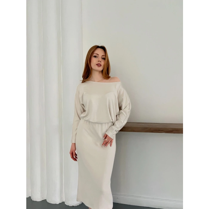 Tek Omuz Yarasa Kol Uzun Kol Elbise Bej