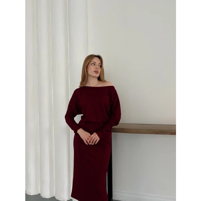 Tek Omuz Yarasa Kol Uzun Kol Elbise Bordo