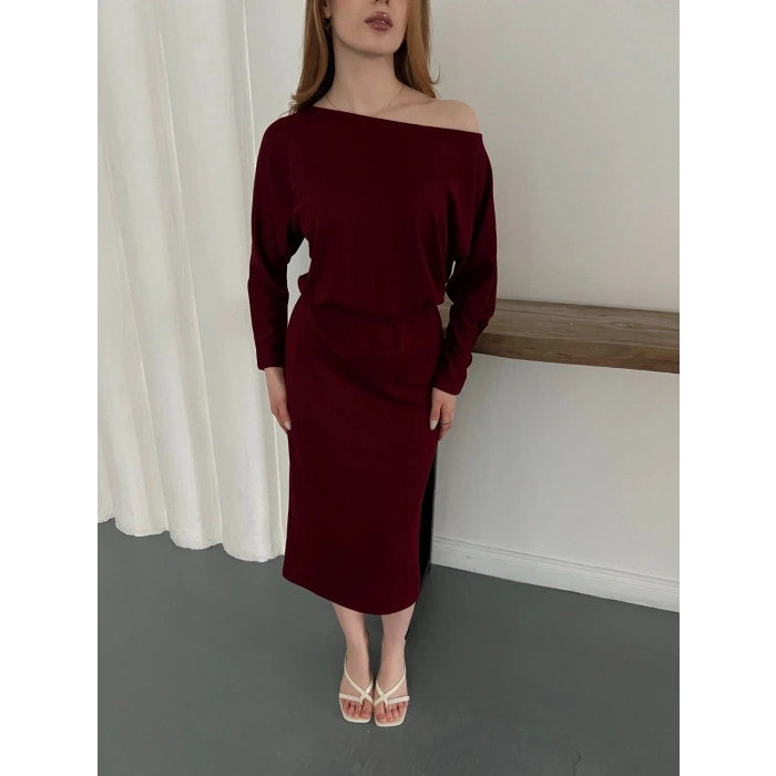 Tek Omuz Yarasa Kol Uzun Kol Elbise Bordo