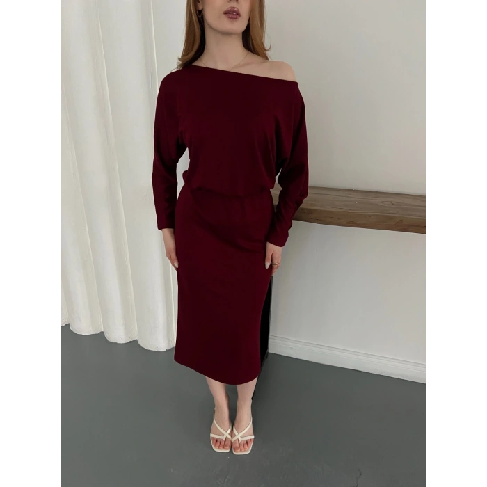 Tek Omuz Yarasa Kol Uzun Kol Elbise Bordo