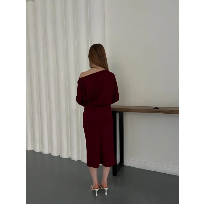 Tek Omuz Yarasa Kol Uzun Kol Elbise Bordo