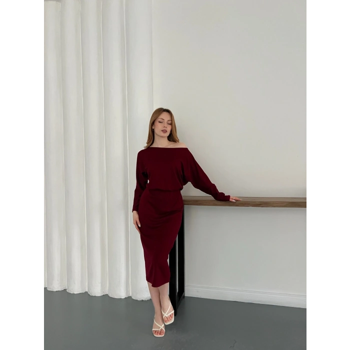 Tek Omuz Yarasa Kol Uzun Kol Elbise Bordo