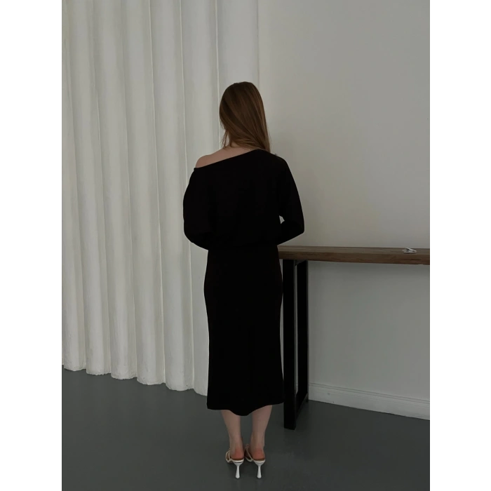 Tek Omuz Yarasa Kol Uzun Kol Elbise Kahve