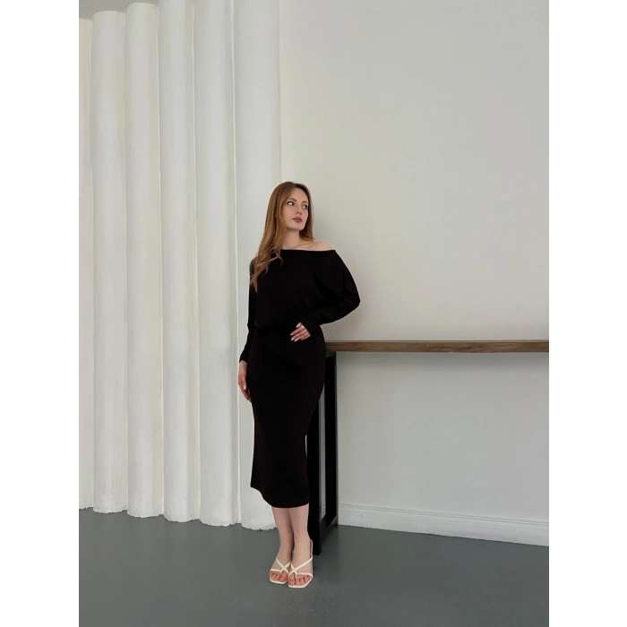 Tek Omuz Yarasa Kol Uzun Kol Elbise Kahve