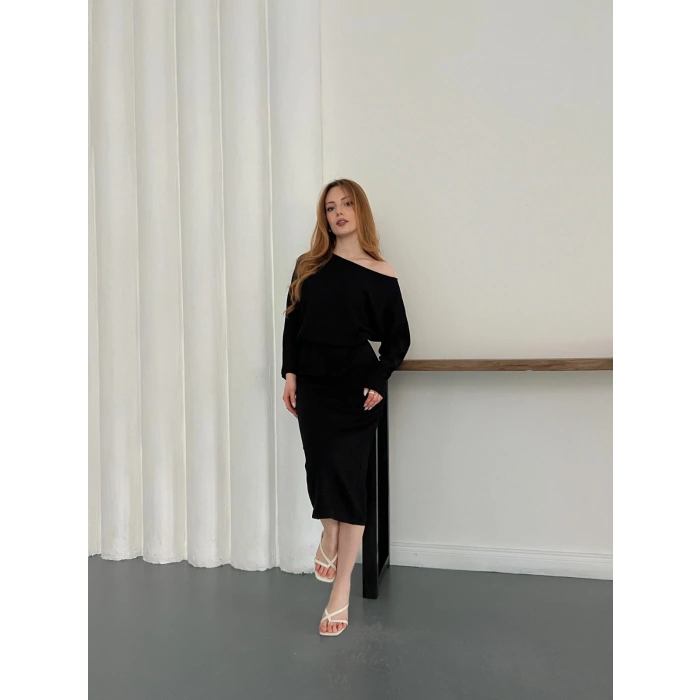 Tek Omuz Yarasa Kol Uzun Kol Elbise Siyah