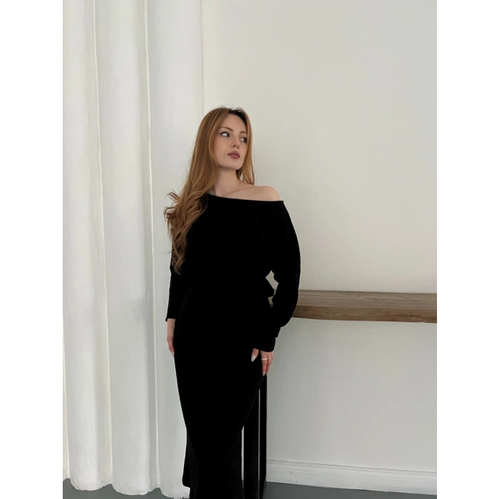 Tek Omuz Yarasa Kol Uzun Kol Elbise Siyah